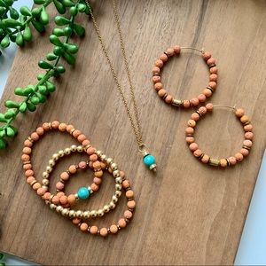 Necklace, Bracelet, & Earrings Set - Gold, Turquoise, & Lava Stones